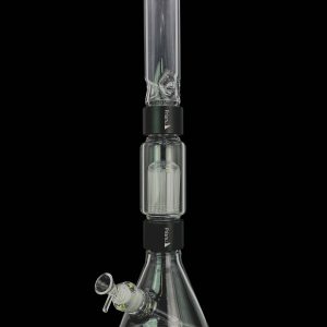 Clear glass bong with ice catcher and diffused downstem, isolated on black.
