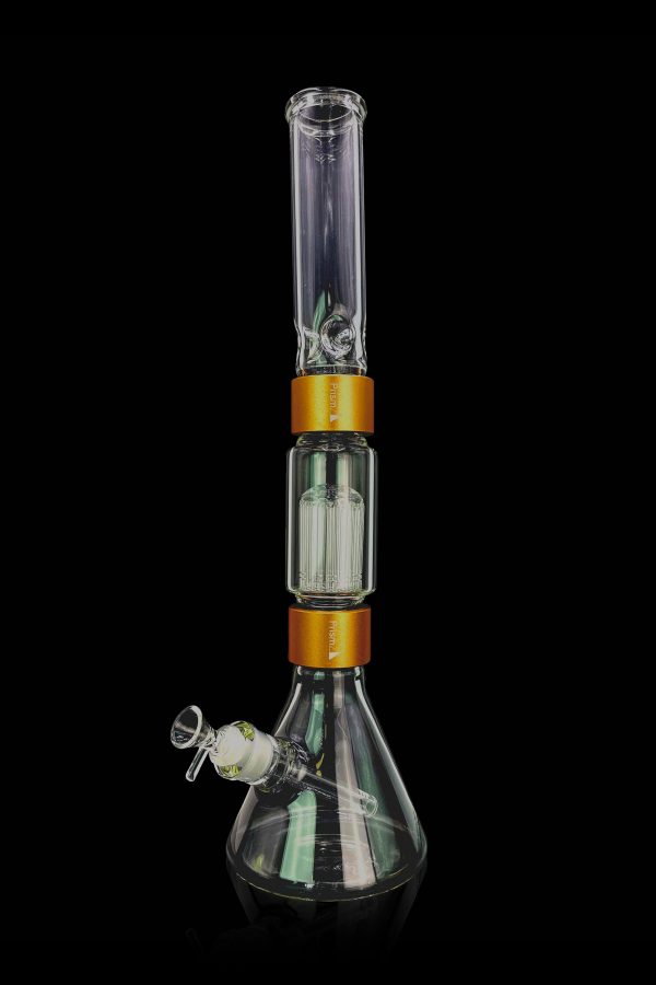 A glass bong with multiple percolation chambers and a removable glass bowl.