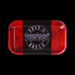 Red metal rolling tray with a circular "Guns N' Roses" logo featuring roses and skulls.