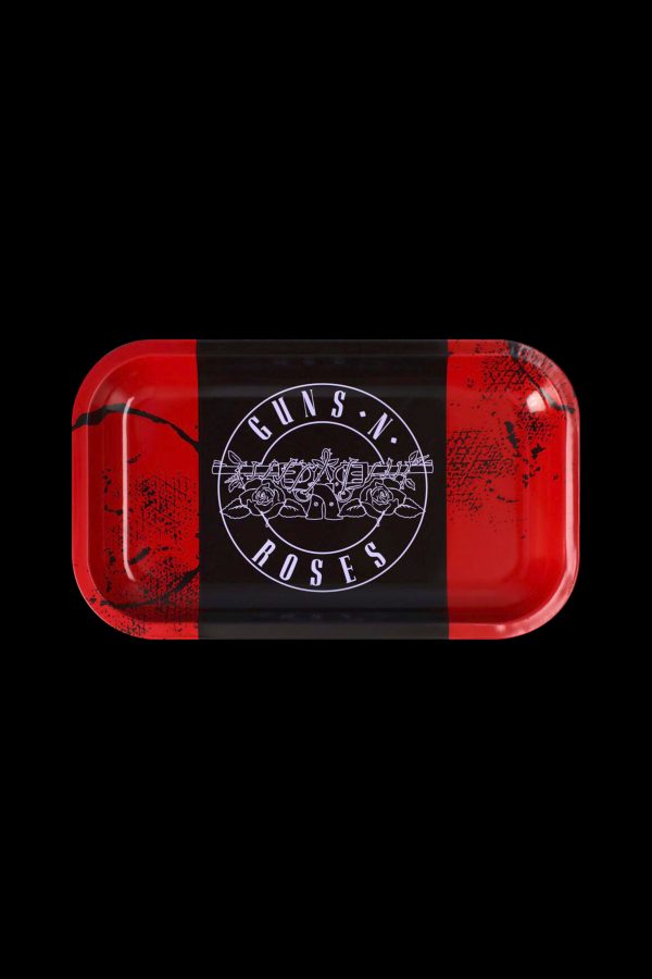 Red metal rolling tray with a circular "Guns N' Roses" logo featuring roses and skulls.