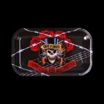 A metal rolling tray featuring the iconic "Appetite for Destruction" skull and roses logo of Guns N' Roses, surrounded by barbed wire and red banners.