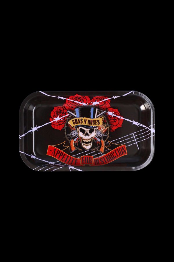 A metal rolling tray featuring the iconic "Appetite for Destruction" skull and roses logo of Guns N' Roses, surrounded by barbed wire and red banners.