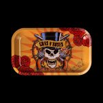 Metal rolling tray featuring the iconic Guns N' Roses skull and roses logo, designed for cannabis use.