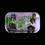 A metallic rolling tray with a green marbled finish, featuring four skull designs inspired by the band Guns N' Roses, and text reading "Guns N' Roses Was Here."