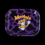 Purple patterned rolling tray with a cartoon cow logo reading "Mooby's".