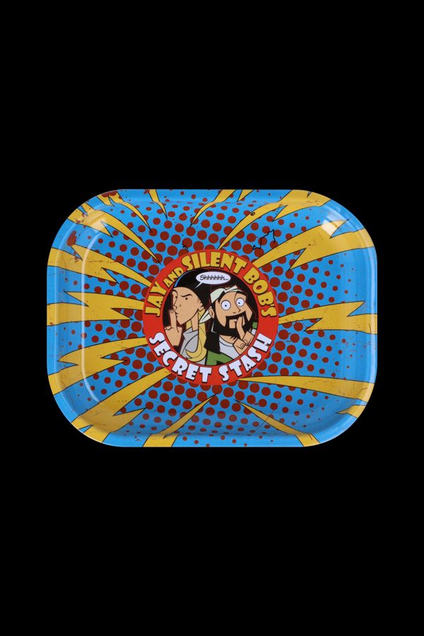 A colorful, square metal rolling tray featuring Jay and Silent Bob from the movie *Clerks*, labeled "Secret Stash".