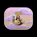 Rolling tray featuring a cartoon depiction of Jesus with the text "Buddy Christ" against a cloudy pink and orange background.