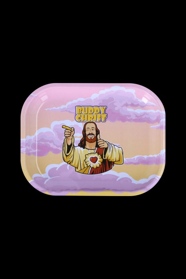 Rolling tray featuring a cartoon depiction of Jesus with the text "Buddy Christ" against a cloudy pink and orange background.