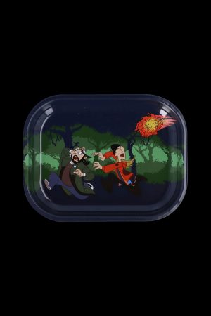 A rectangular acrylic tray featuring a pixelated cartoon scene of two startled men running from an explosion of cannabis buds.
