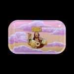 Rolling tray featuring a cartoon depiction of Jesus with the text "Buddy Christ" against a cloudy pink background.