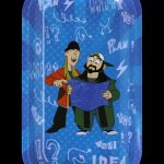Cartoon rolling tray featuring two animated characters excitedly examining a blueprint, surrounded by scribbled "plan" and "idea" text with cannabis-related doodles.