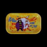 Cartoon rolling tray featuring characters and comic book-style “BOOM!” and “KABOOM!” text.