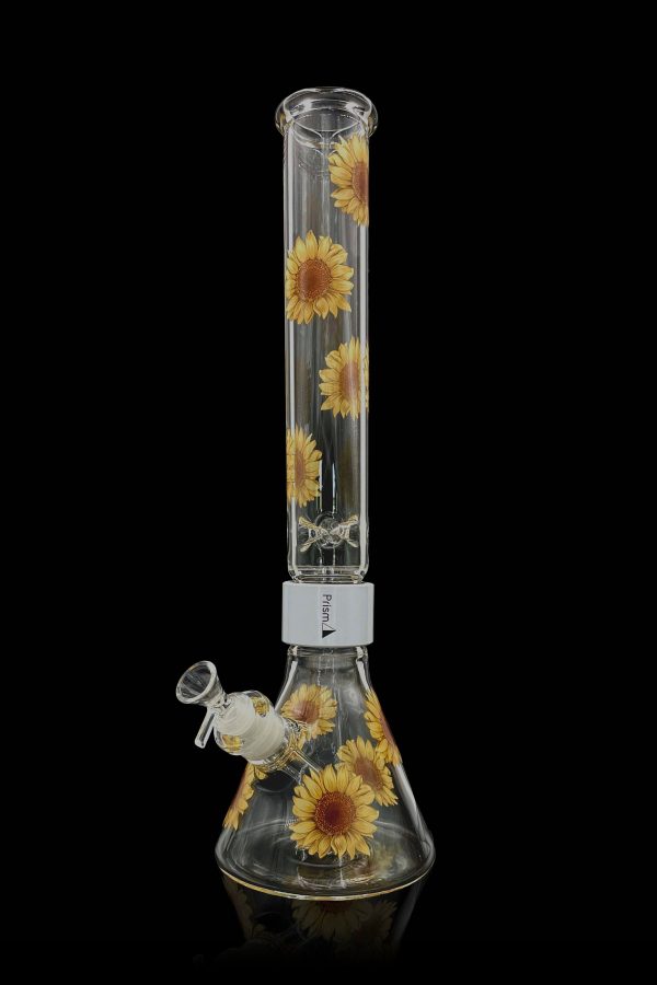 Glass bong with sunflower design against a black background.