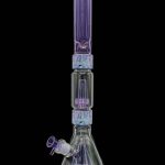 A glass bong with purple accents and a built-in percolator, isolated on a black background.