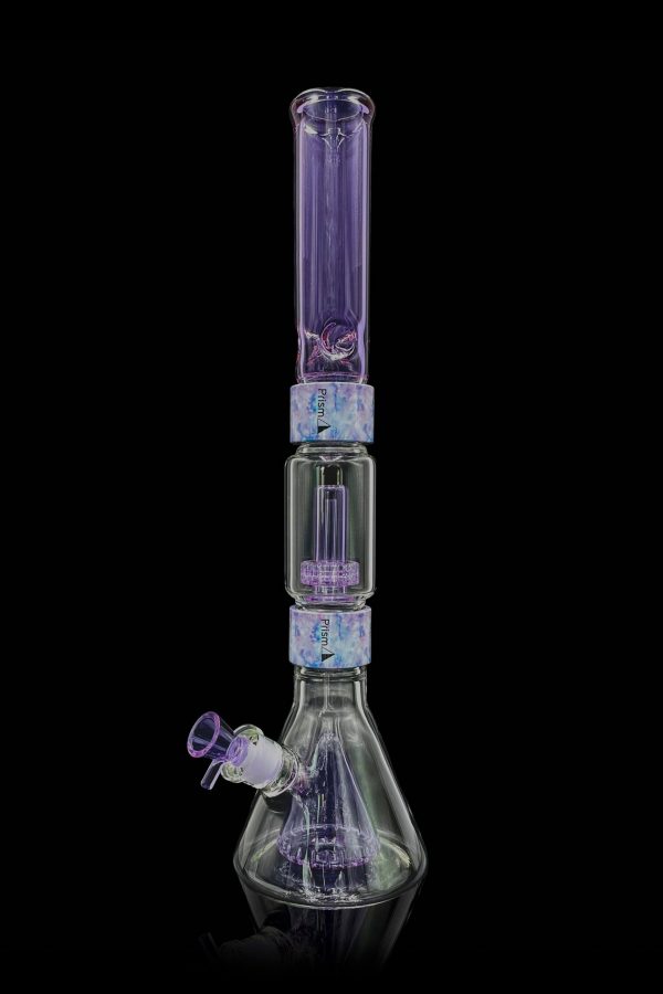 A glass bong with purple accents and a built-in percolator, isolated on a black background.