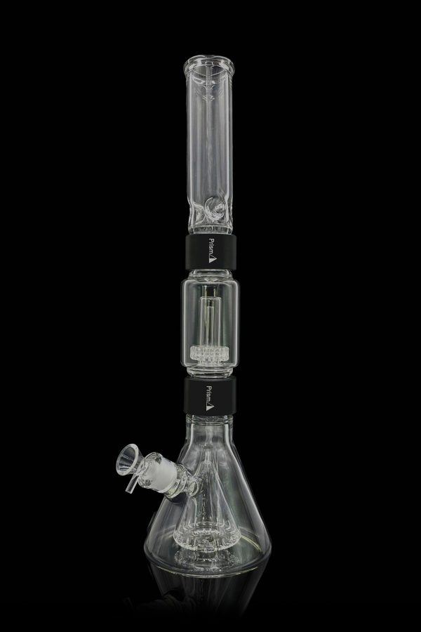 Glass water pipe (bong) with dual percolators, against a black background.