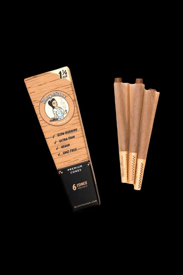 Pack of Blazy Susan premium cones with branding details, alongside several rolled, unlit cones.