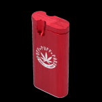 Red one-hitter pipe with a white “Puff, Puff, Pass” cannabis leaf design.