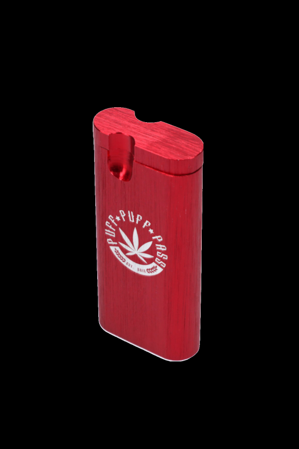Red one-hitter pipe with a white “Puff, Puff, Pass” cannabis leaf design.