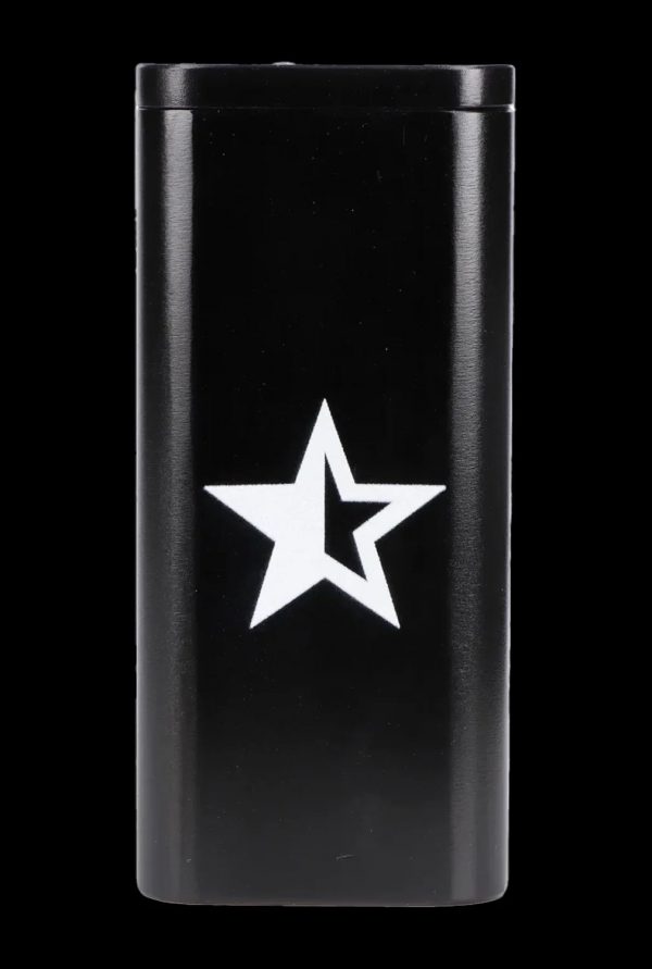 Black metal cannabis storage tube with a white five-pointed star.