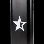 Black metal container with a white five-pointed star, likely for cannabis storage."