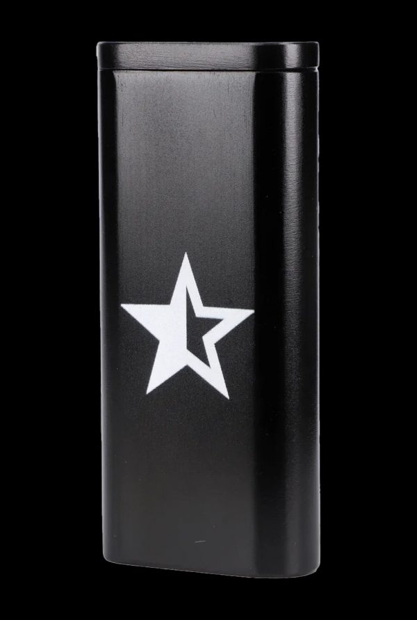 Black cannabis container with a white five-pointed star.