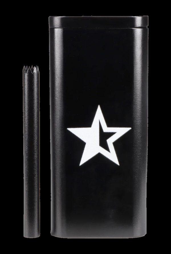 Black metal cannabis one-hitter pipe and storage tube with a white star emblem.