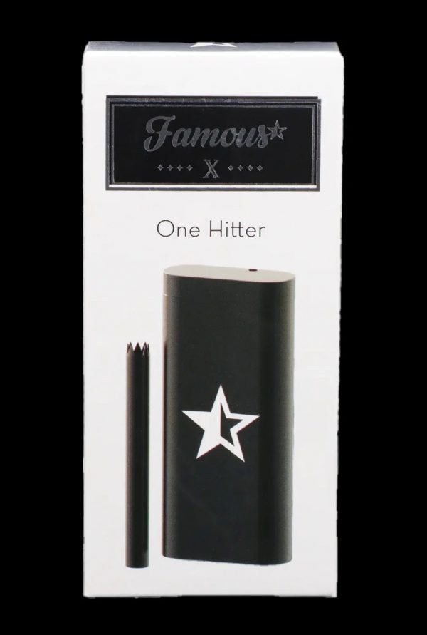 Black “Famous” brand one-hitter pipe in packaging with a white star logo.