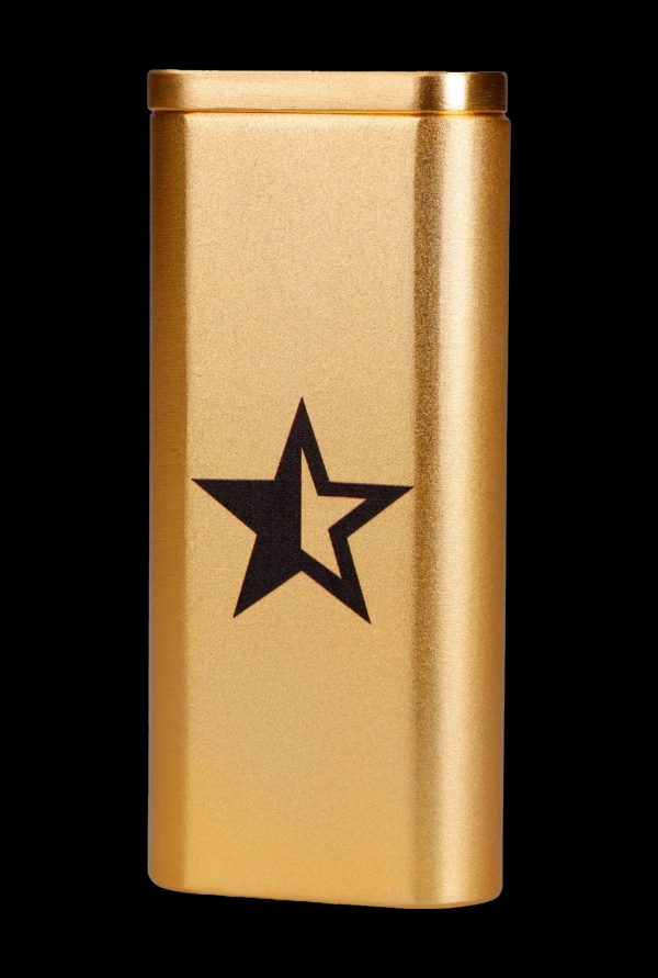 Gold cannabis storage container with a black star emblem.