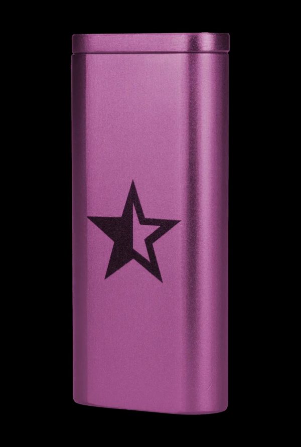 Purple metal cannabis storage tube with a black star emblem.