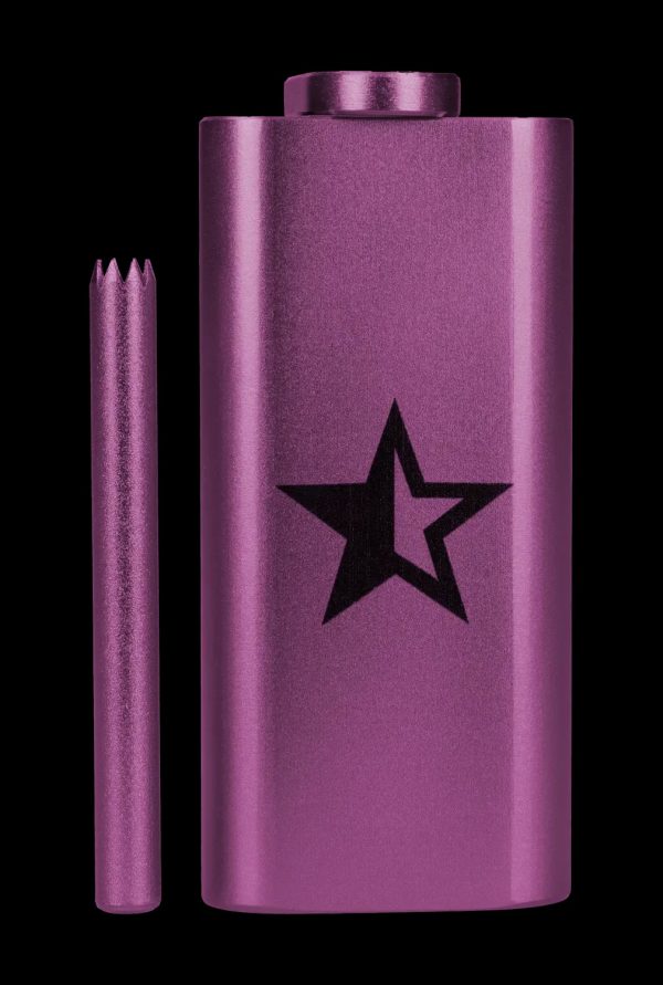 Purple one-hitter pipe with a star emblem and accompanying cleaning pick.