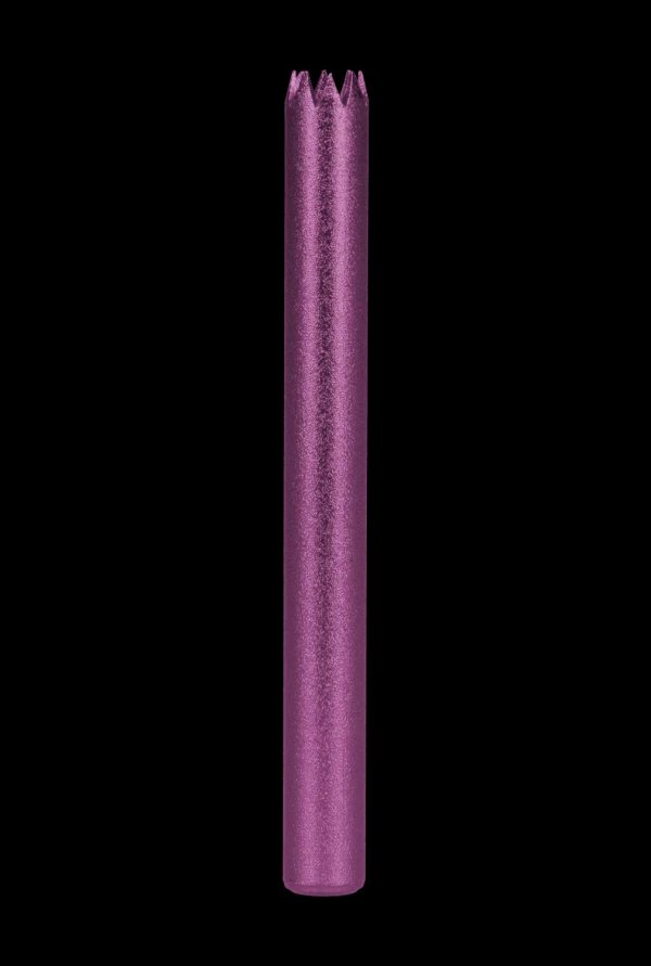 Purple metal one-hitter pipe against a black background.