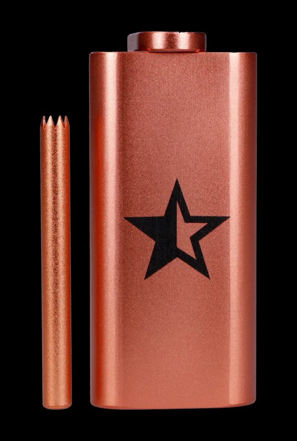 Copper one-hitter pipe with a star logo and accompanying cleaning pick.