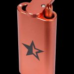Red metal lighter with a black star emblem.