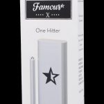 White retail box for a “Famous” brand one-hitter smoking device, featuring a black star logo and product details.