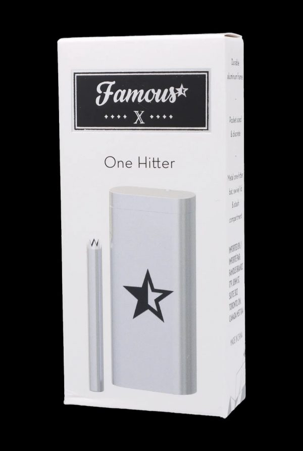 White retail box for a “Famous” brand one-hitter smoking device, featuring a black star logo and product details.