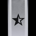 Silver cannabis storage tube with a black star emblem.