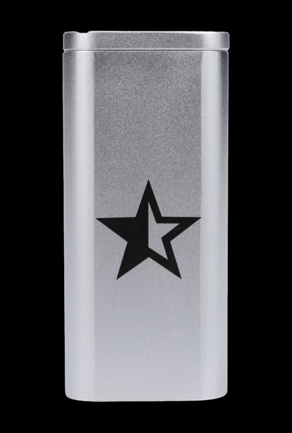 Silver cannabis storage tube with a black star emblem.