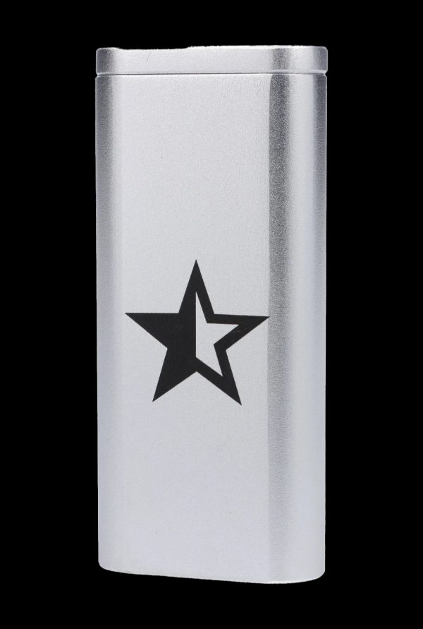 Silver cannabis storage tube with a black star emblem.