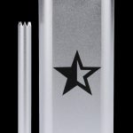 Frosted glass cannabis oil vaporizer pen with star logo and accompanying cartridge.