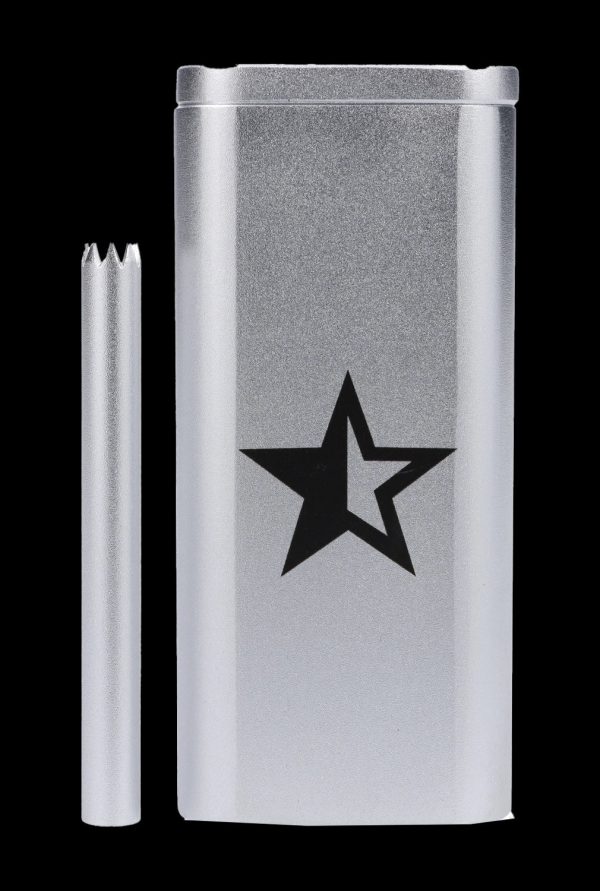 Frosted glass cannabis oil vaporizer pen with star logo and accompanying cartridge.
