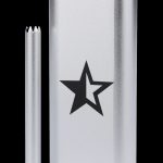 Silver cannabis oil applicator with a black star emblem and accompanying glass tip.