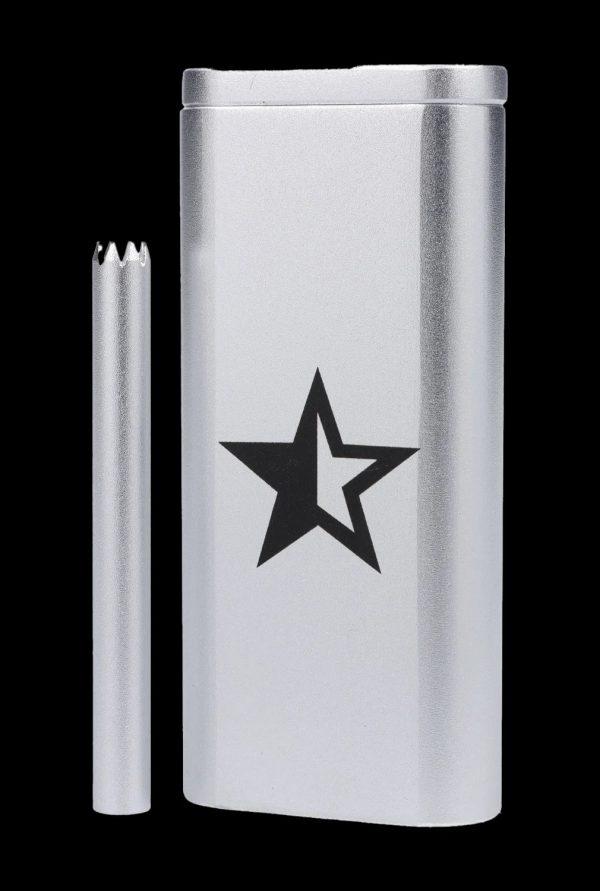 Silver cannabis oil applicator with a black star emblem and accompanying glass tip.