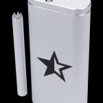 Silver one-hitter pipe with a black star emblem and a cleaning pick beside it.