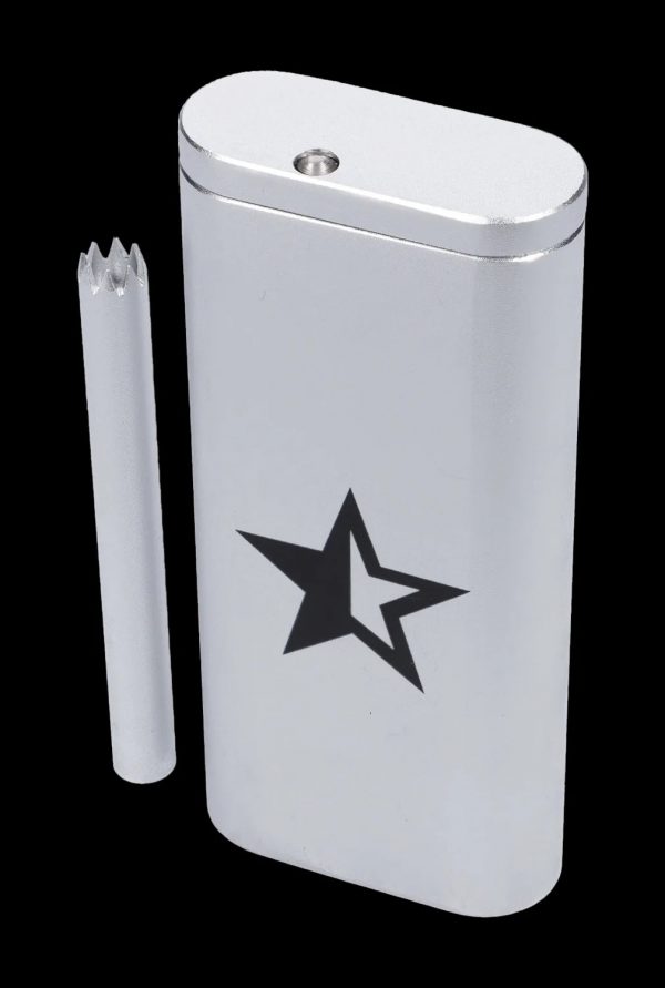 Silver one-hitter pipe with a black star emblem and a cleaning pick beside it.