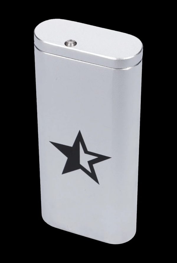 Silver butane lighter with a black star emblem.