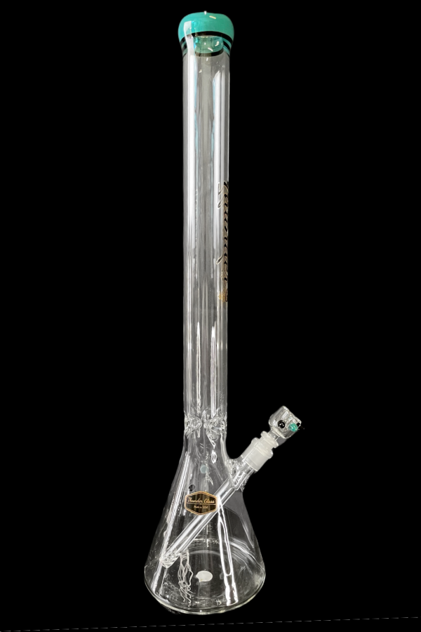 Clear glass bong with green accents, isolated on a black background.