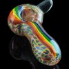 A side view of the Heavy Cane Worked Rainbow Spoon - Rainbow Mega Pipe, showcasing vibrant rainbow swirls within the thick-walled glass.