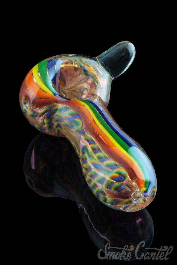 A side view of the Heavy Cane Worked Rainbow Spoon - Rainbow Mega Pipe, showcasing vibrant rainbow swirls within the thick-walled glass.