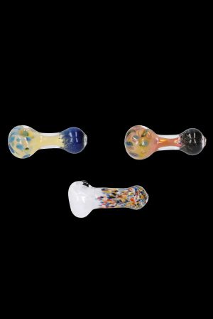 Three colorful glass smoking pipes against a black background.